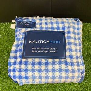 Nautica Kids Blue and White Checkered Blanket with Navy Blue Sailboats Brand New